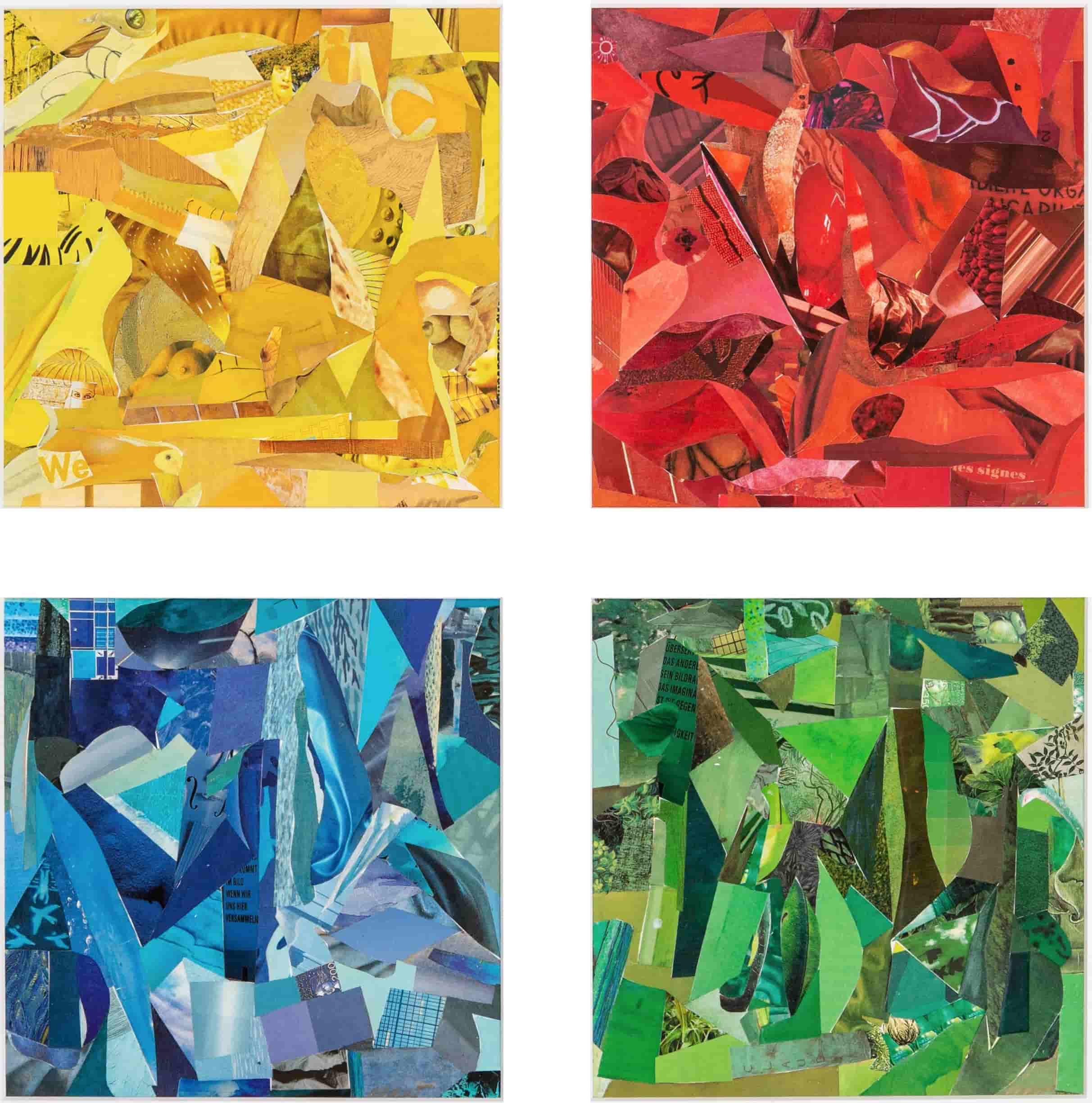 Quatre collages de papier abstraits placés en carré, chacun ayant une teine spécifique : jaune, rouge, bleu et vert.